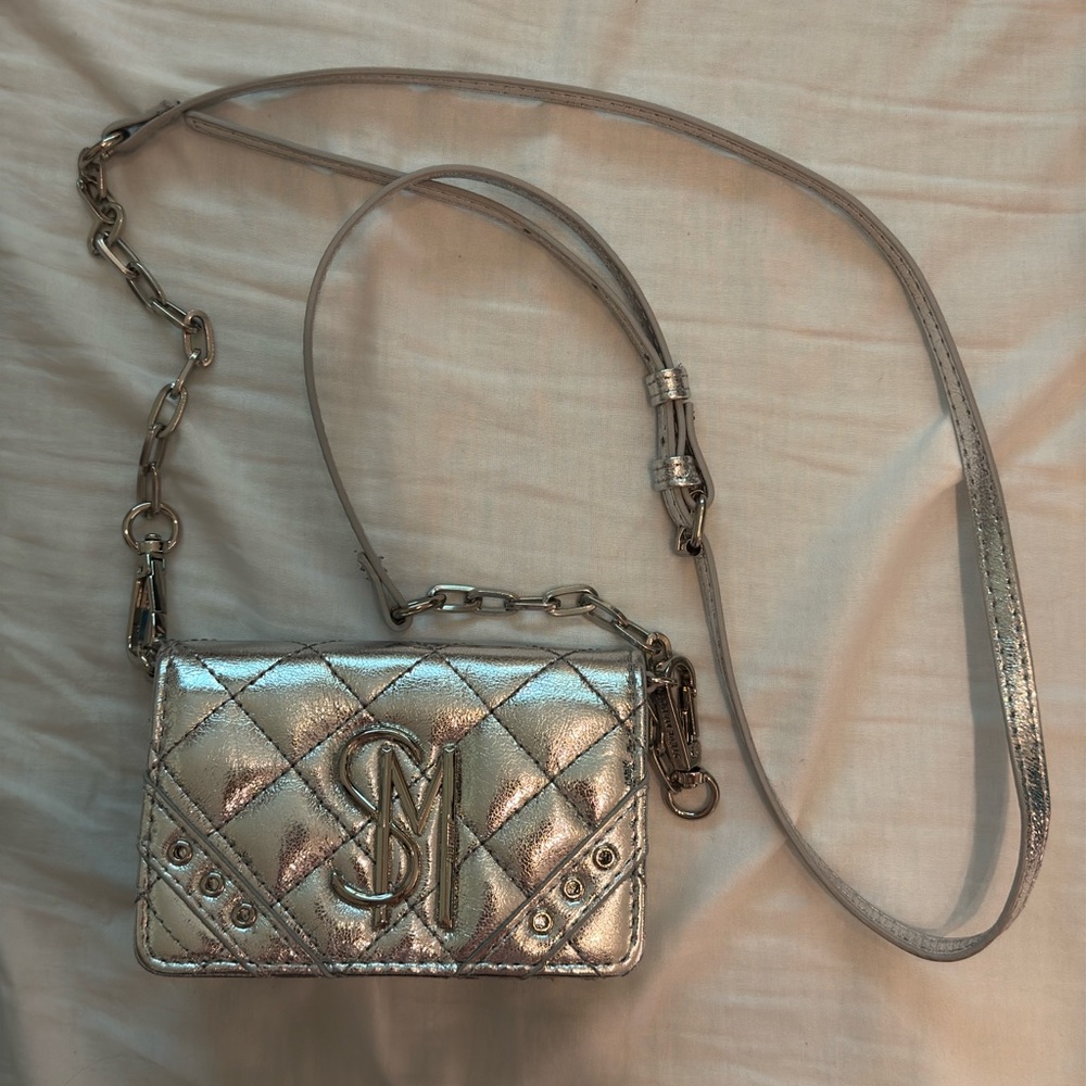 Steve Madden Silver Quilted Crossbody Bag with Chain Detail